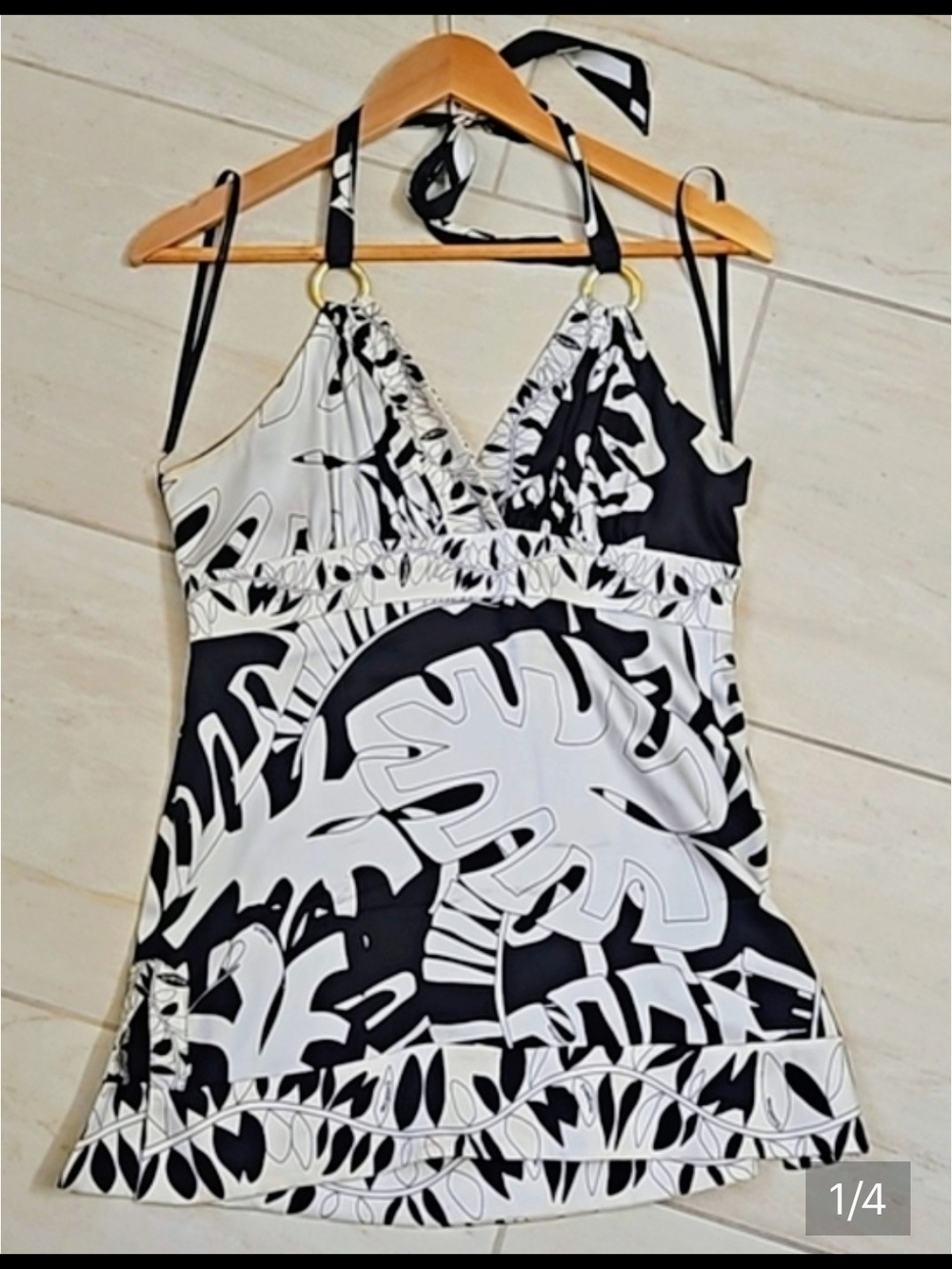 bebe Black and White Tropical Leaf Halter Top